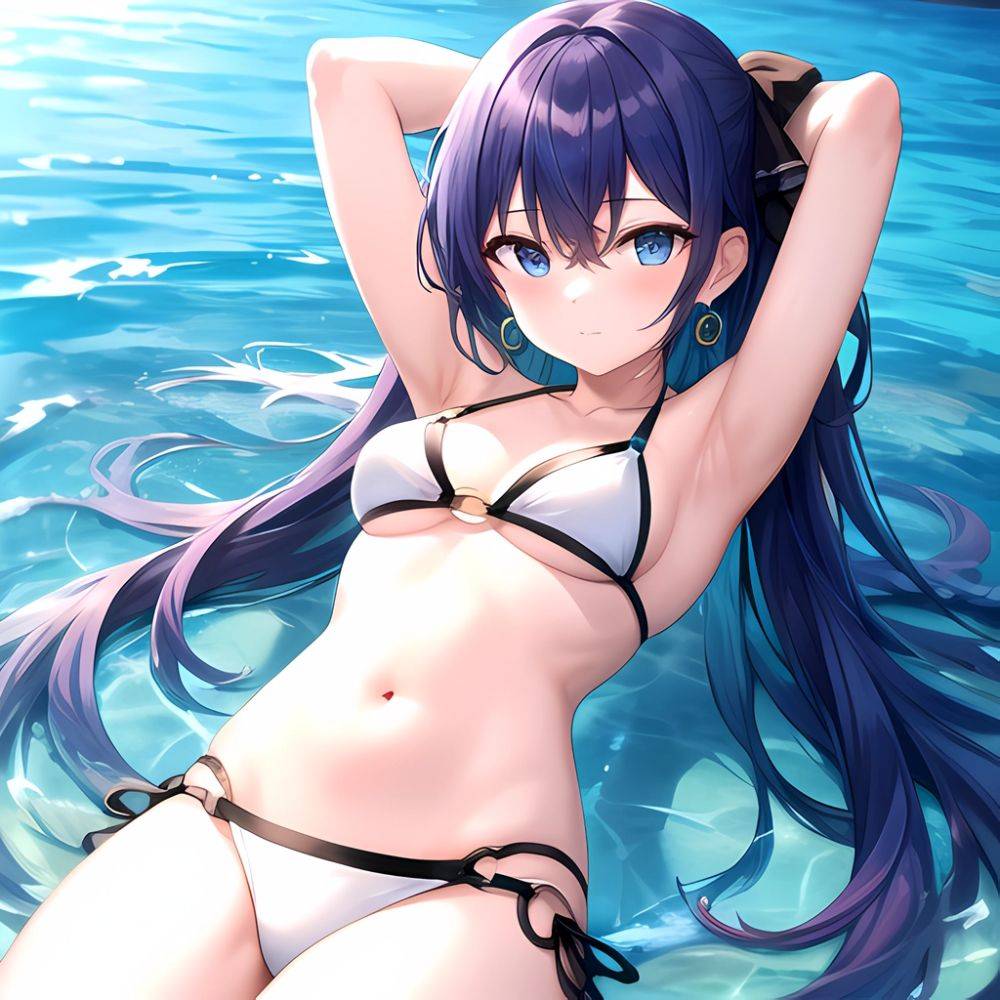 1girl Absurdres Arms Behind Head Bikini Blue Eyes Blue Hair Breasts Closed Mouth Earrings Hair Between Eyes Highres Hololive Hos, 418468265 - AIHentai - #main