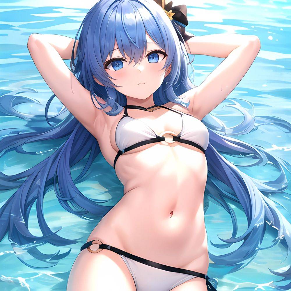 1girl Absurdres Arms Behind Head Bikini Blue Eyes Blue Hair Breasts Closed Mouth Hair Between Eyes Highres Hololive Hoshimachi S, 194414659 - AIHentai - #main