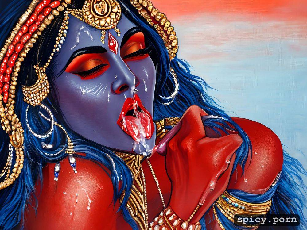face bukake, indian godess kali, cum on tongue, blue skin cum dripping from face - #main