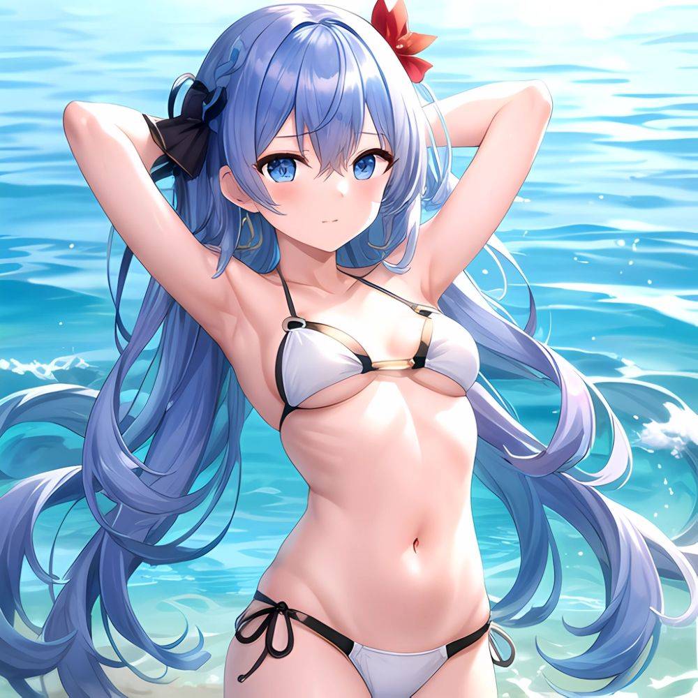 1girl Absurdres Arms Behind Head Bikini Blue Eyes Blue Hair Breasts Closed Mouth Hair Between Eyes Highres Hololive Hoshimachi S, 3537172513 - AIHentai - #main