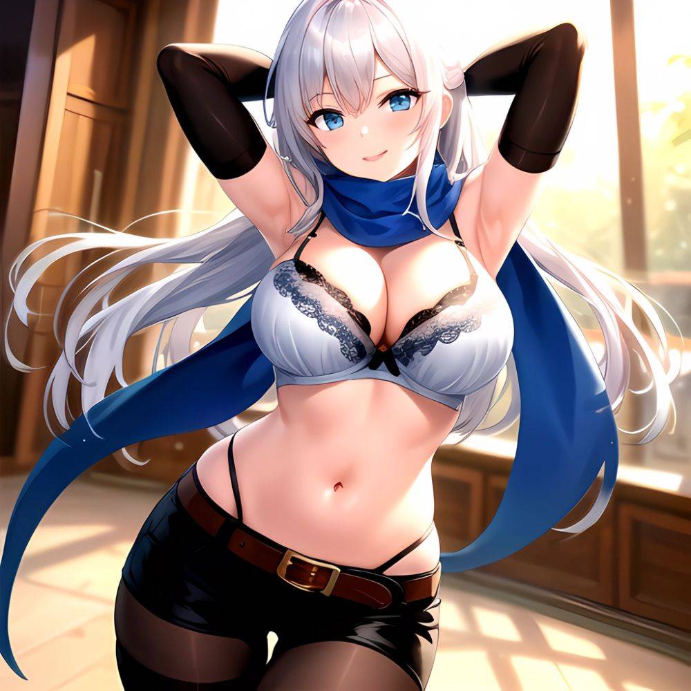 1girl Armpits Arms Behind Head Belt Black Bra Black Gloves Black Pantyhose Blue Eyes Blurry Blurry Background Bra Breasts Curvy, 3635694743 - AIHentai - #main