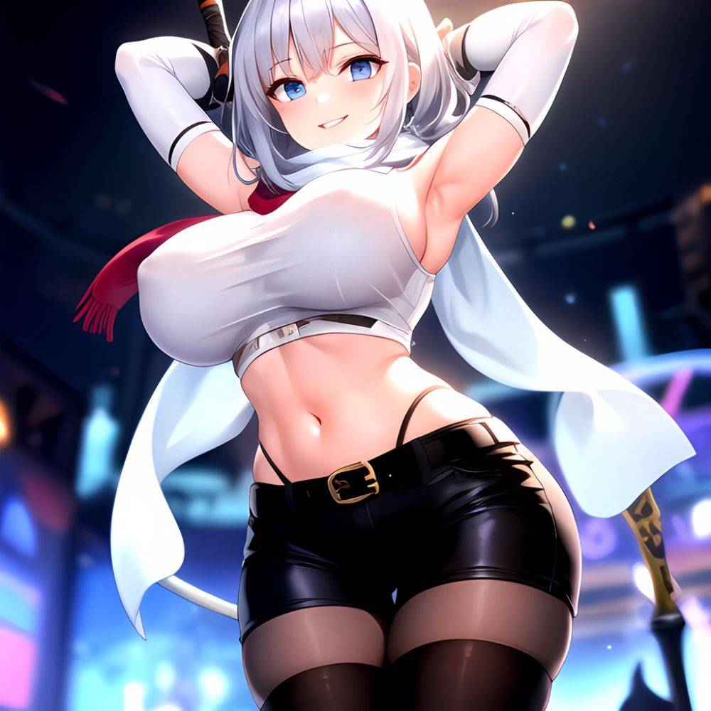 1girl Armpits Arms Behind Head Belt Black Bra Black Gloves Black Pantyhose Blue Eyes Blurry Blurry Background Bra Breasts Curvy, 1886661683 - AIHentai - #main
