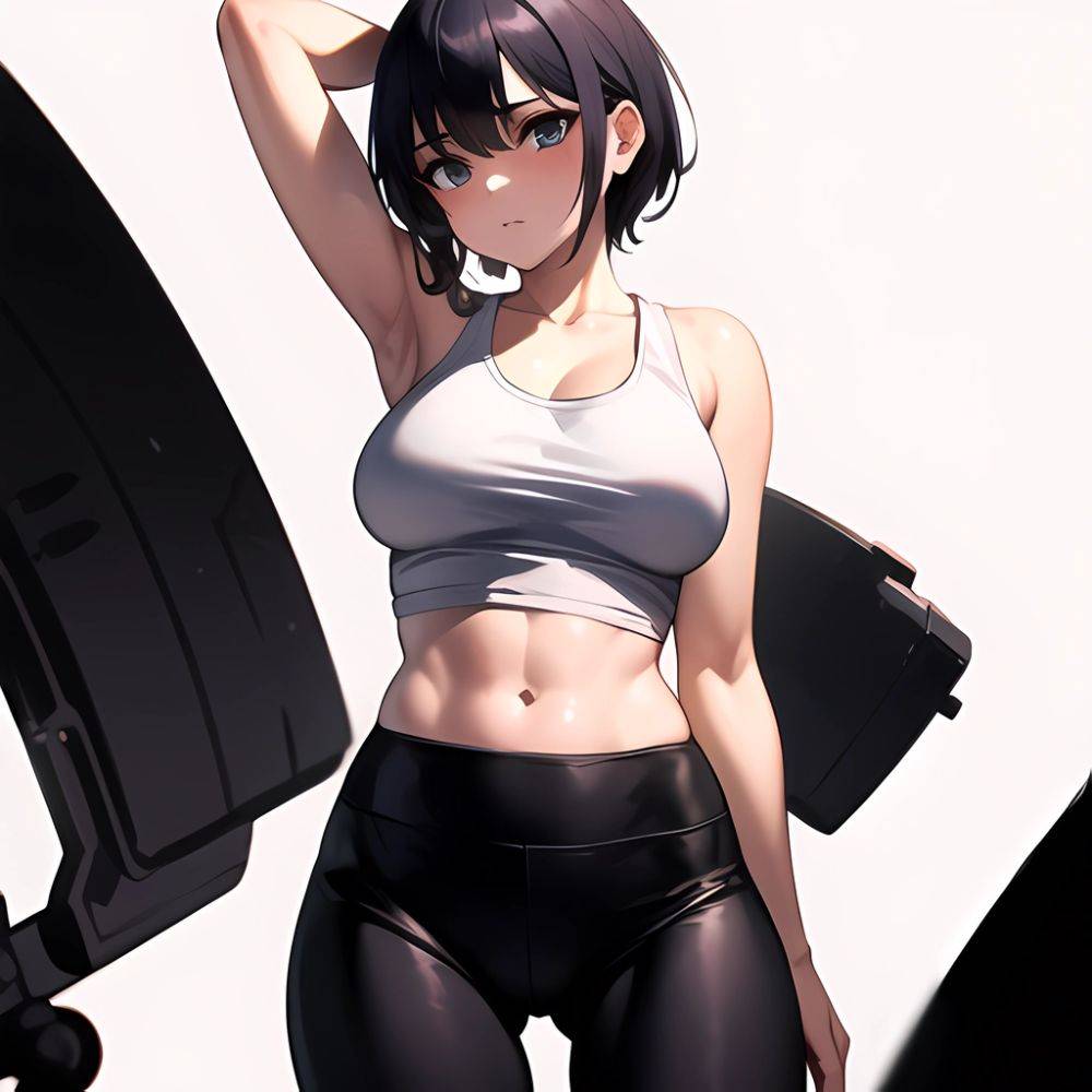 1girl Solo Tank Top Leggings Standing Fully Clothed Pov Simple Background Arms Behind Head, 850782480 - AIHentai - #main