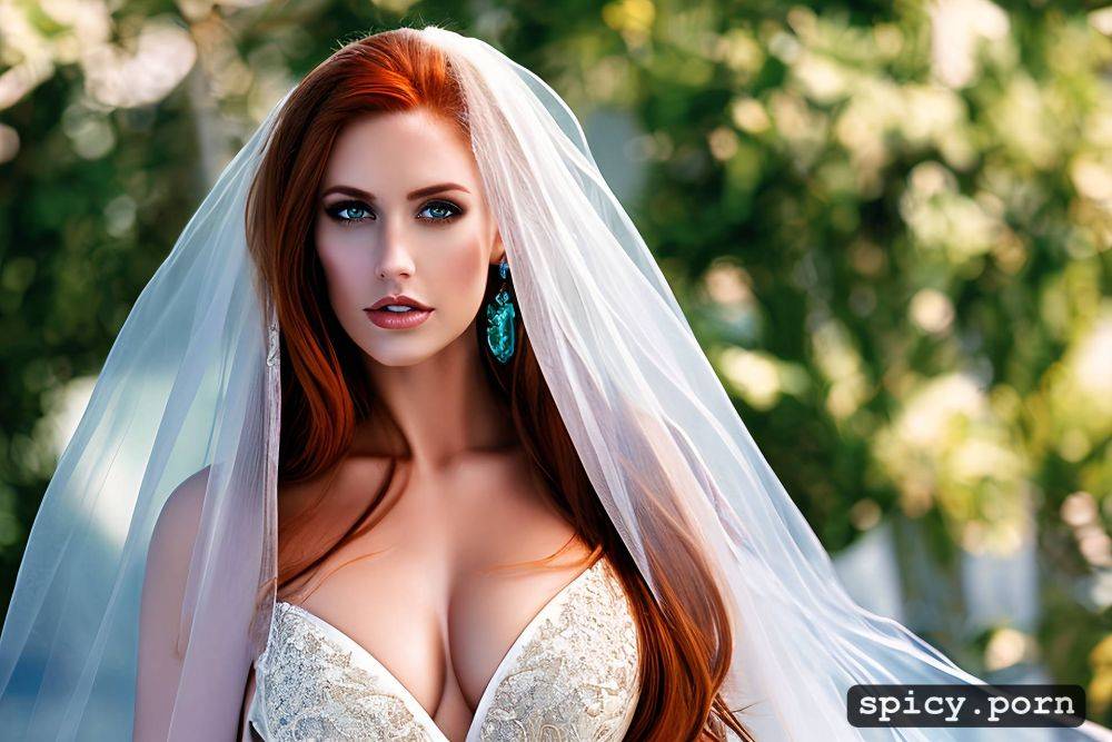 ginger hair, collar, perfect skin, wedding dress with exposed breasts - #main