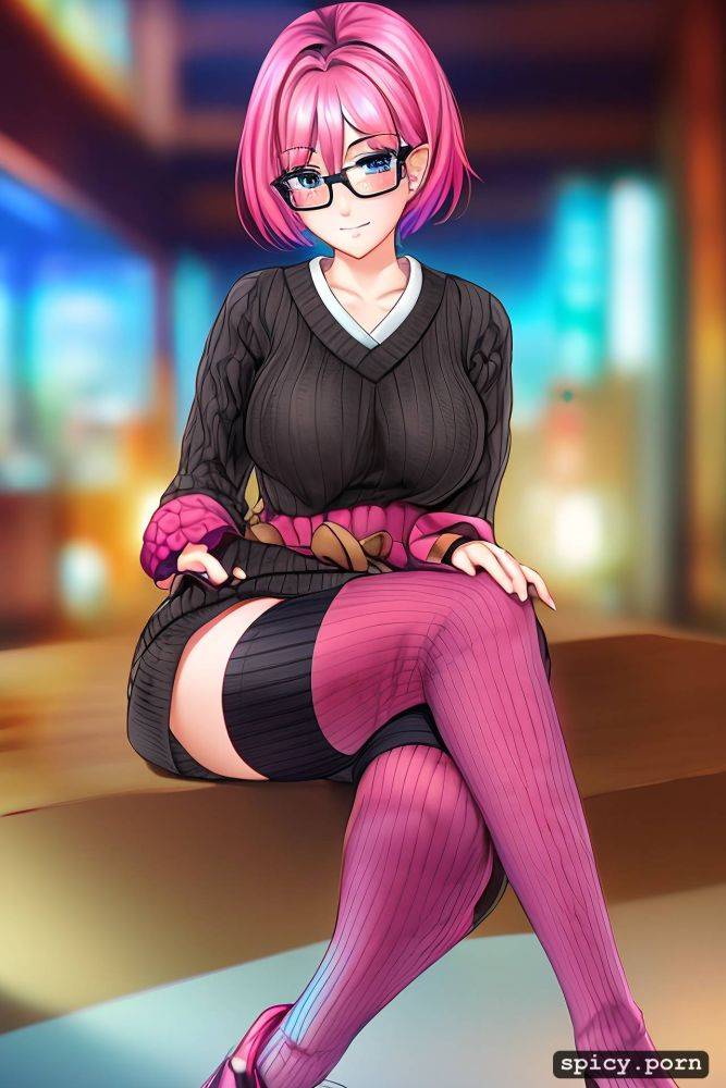 short, pink hair, busty japanese woman, sweater, short hair - #main