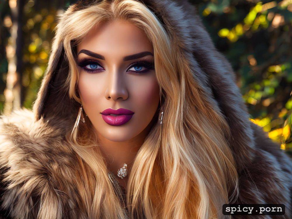 singer, sharp focus, pretty face, large russian fur coat, bling hanging on chains around neck - #main