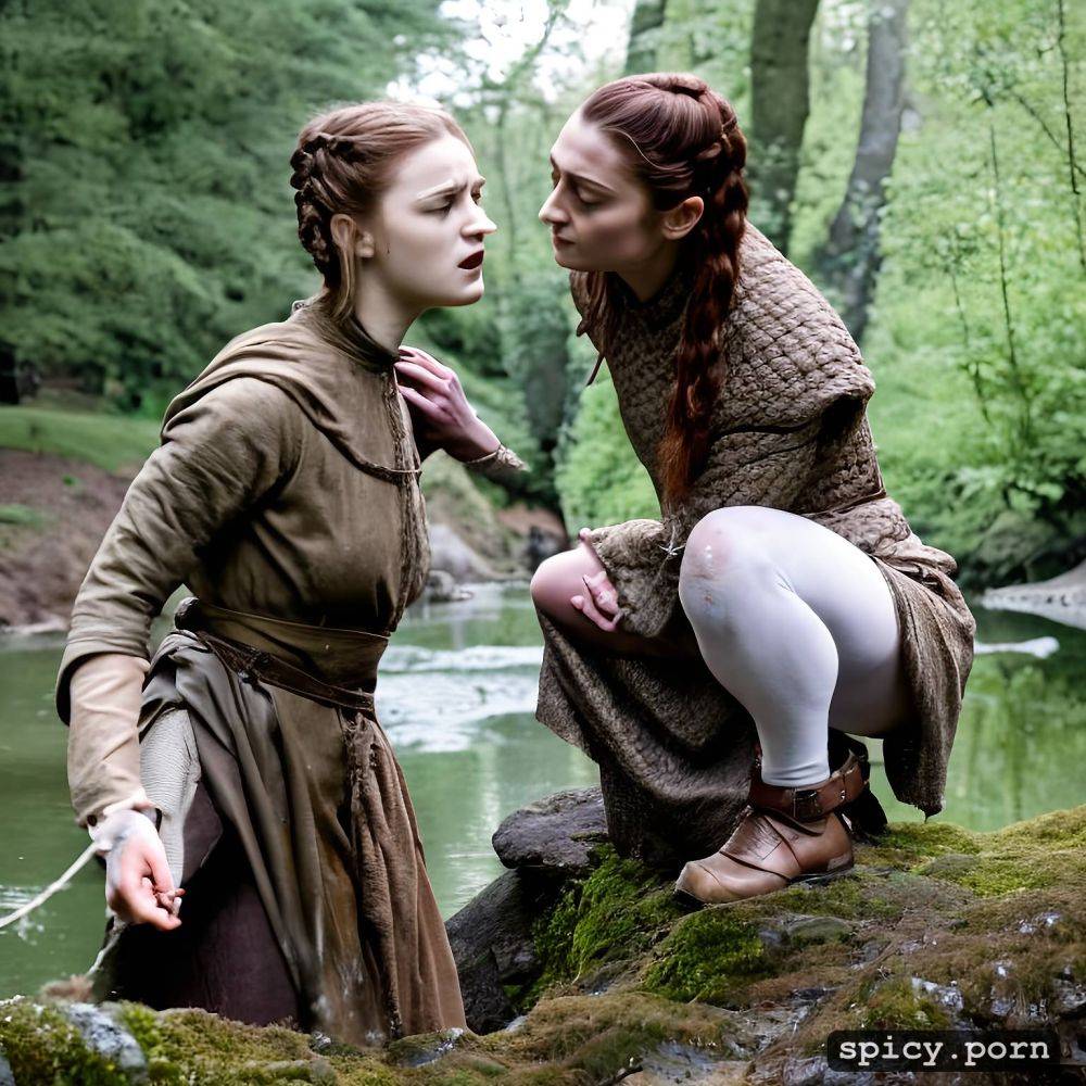 pretty face, in summery woods near a pond, white women, arya stark pisses on naked sansa stark - #main