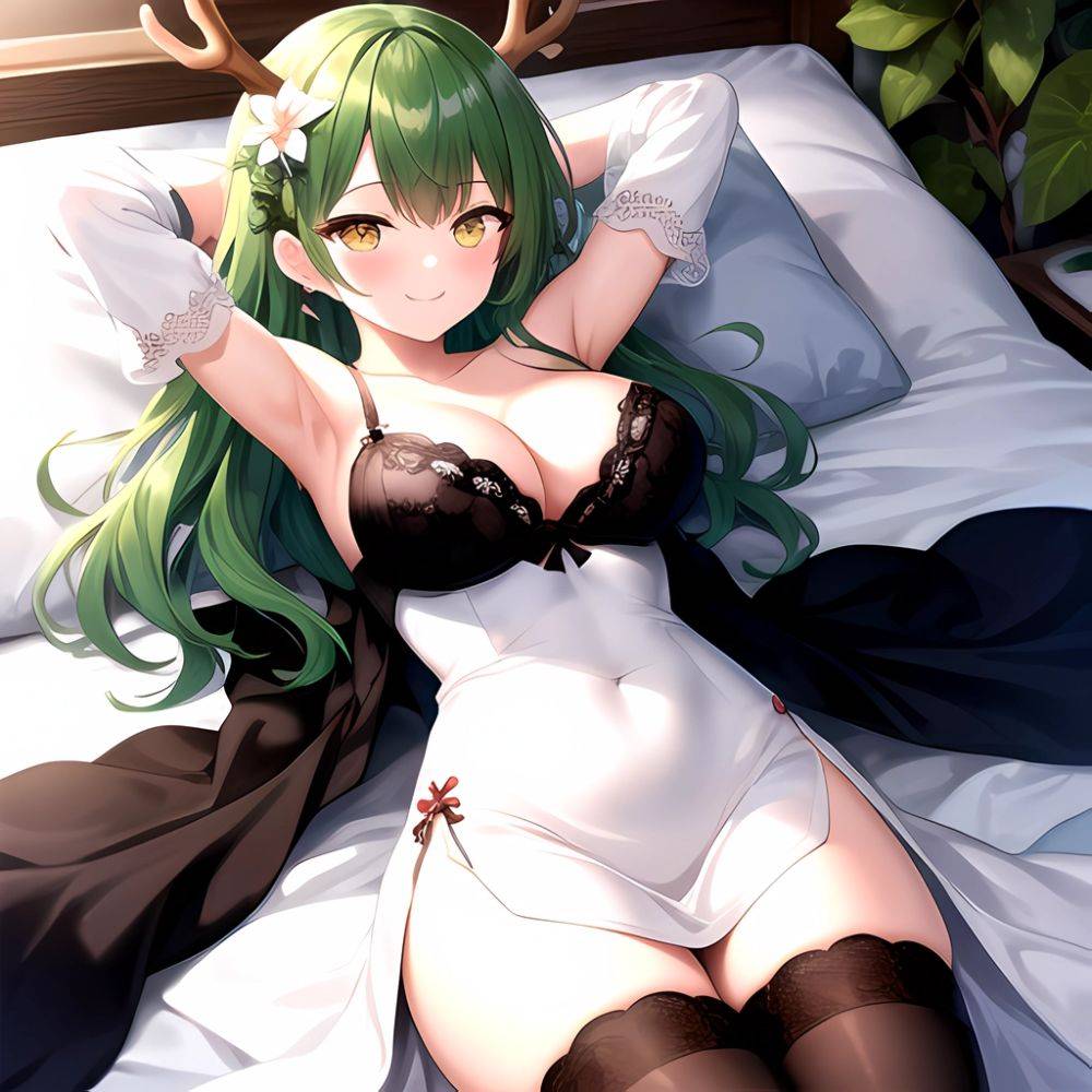 1girl Alternate Costume Antlers Armpits Arms Behind Head Bed Sheet Black Bra Black Thighhighs Bra Branch Breasts Ceres Fauna Cle, 2717189297 - AIHentai - #main