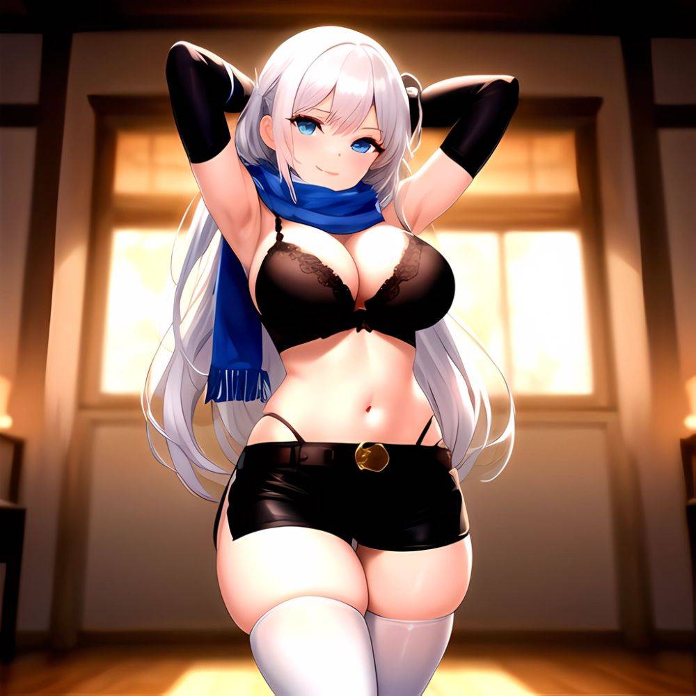 1girl Armpits Arms Behind Head Belt Black Bra Black Gloves Black Pantyhose Blue Eyes Blurry Blurry Background Bra Breasts Curvy, 4260846318 - AIHentai - #main