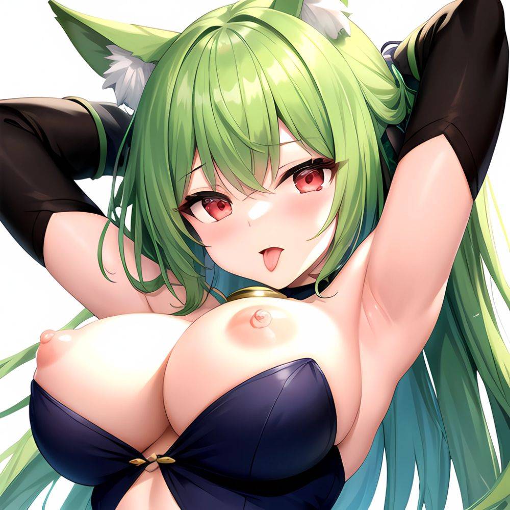1girl Animal Ear Fluff Animal Ears Armpits Arms Behind Head Banshee Last Origin Bell Blush Breasts Chamame Green Hair Highres, 2755728361 - AIHentai - #main