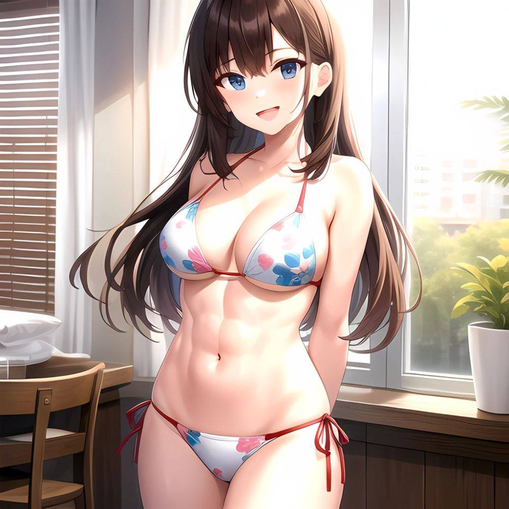 1girl D Abs Alternate Costume Arms Behind Back Asymmetrical Hair Bikini Blue Eyes Blush Breasts Brown Hair Cleavage Collarbone F, 133868362 - AIHentai - #main