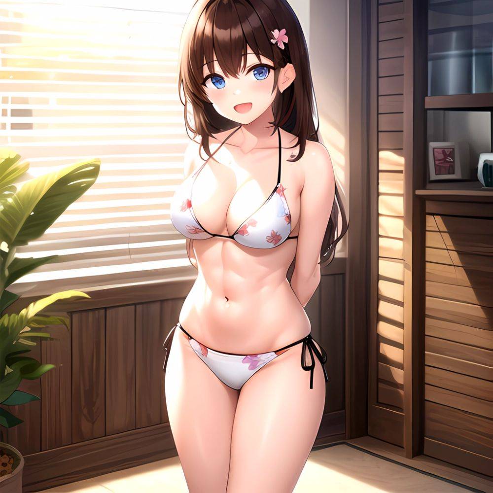 1girl D Abs Alternate Costume Arms Behind Back Asymmetrical Hair Bikini Blue Eyes Blush Breasts Brown Hair Cleavage Collarbone F, 535625396 - AIHentai - #main