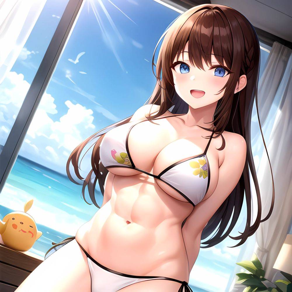 1girl D Abs Alternate Costume Arms Behind Back Asymmetrical Hair Bikini Blue Eyes Blush Breasts Brown Hair Cleavage Collarbone F, 231085958 - AIHentai - #main