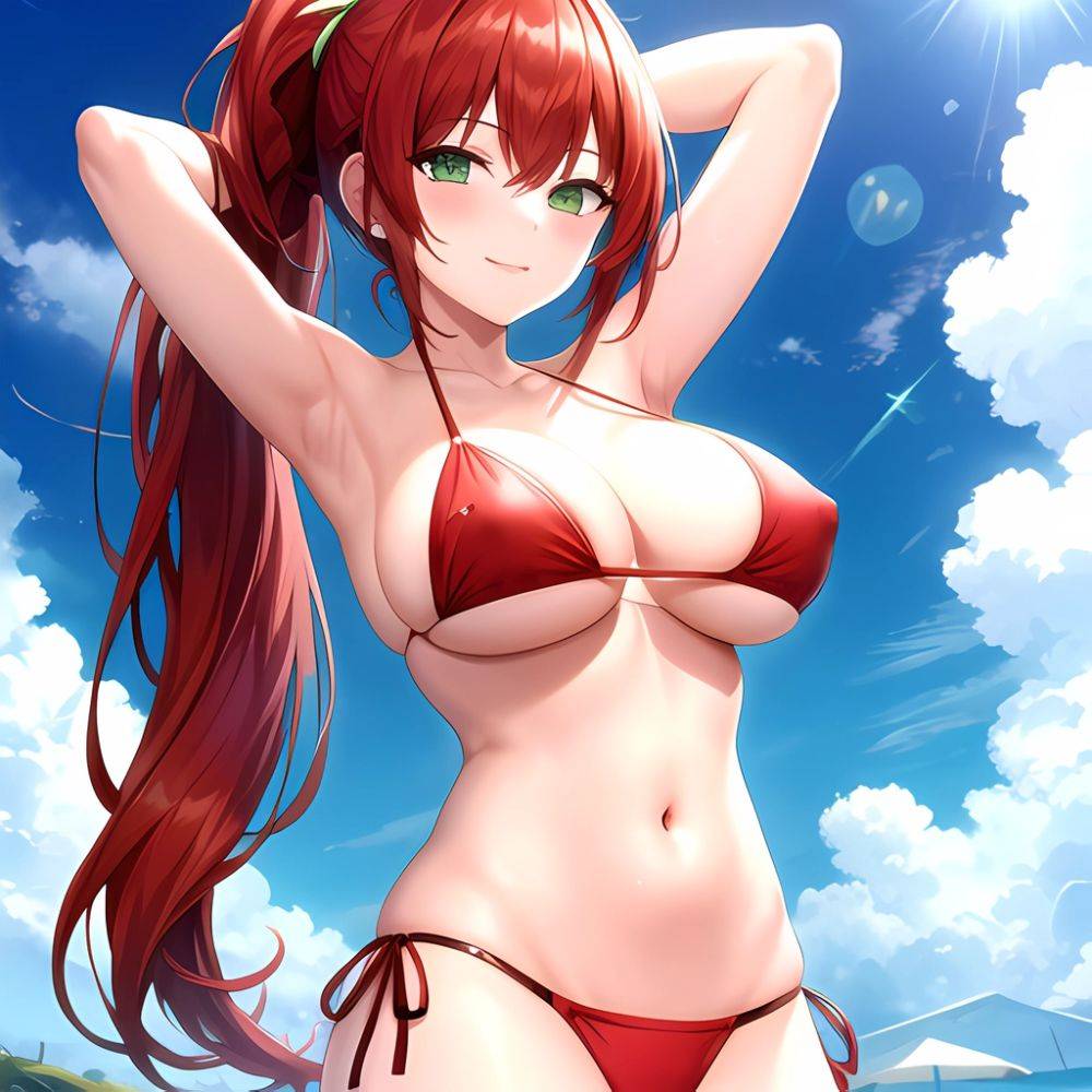 1girl Armpits Arms Behind Head Arms Up Bikini Breasts Closed Mouth Collarbone Covered Nipples Day Green Eyes Highres Jung Freud, 3693638356 - AIHentai - #main