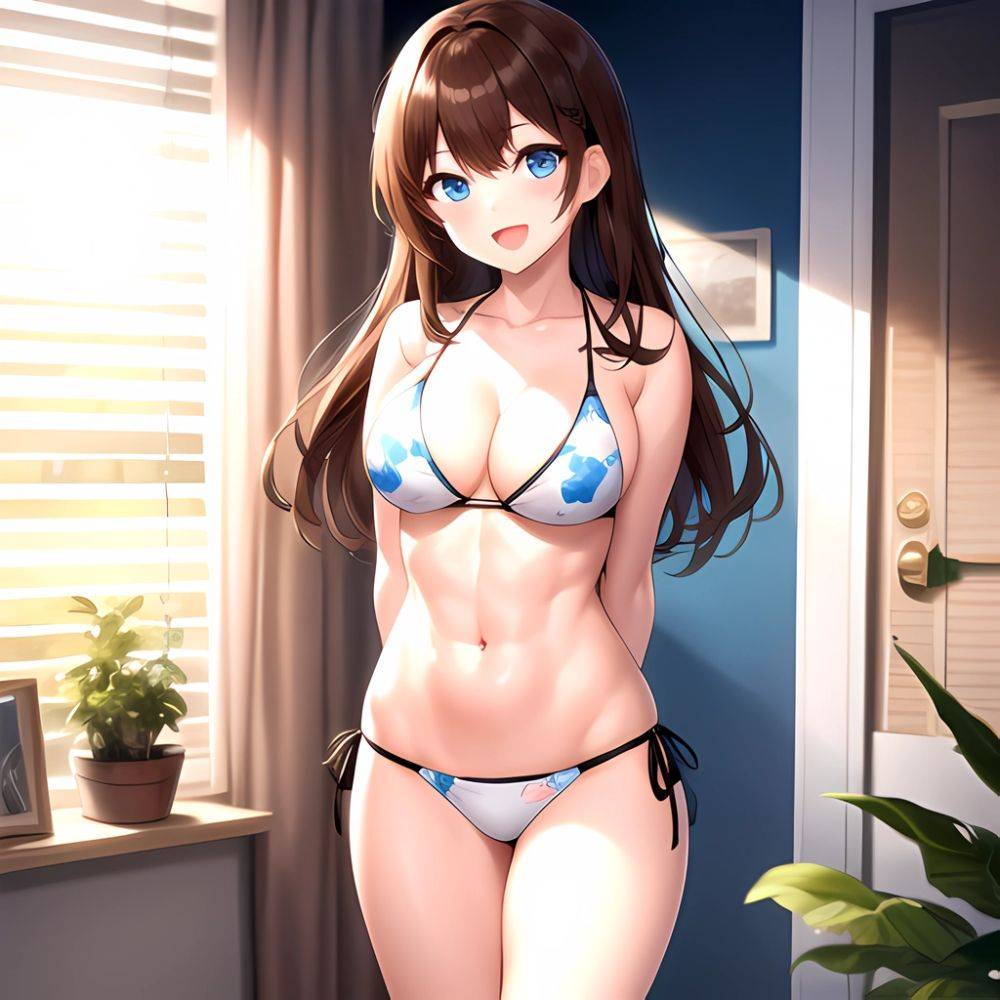 1girl D Abs Alternate Costume Arms Behind Back Asymmetrical Hair Bikini Blue Eyes Blush Breasts Brown Hair Cleavage Collarbone F, 2270143771 - AIHentai - #main