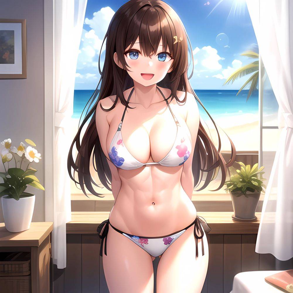 1girl D Abs Alternate Costume Arms Behind Back Asymmetrical Hair Bikini Blue Eyes Blush Breasts Brown Hair Cleavage Collarbone F, 1997663298 - AIHentai - #main