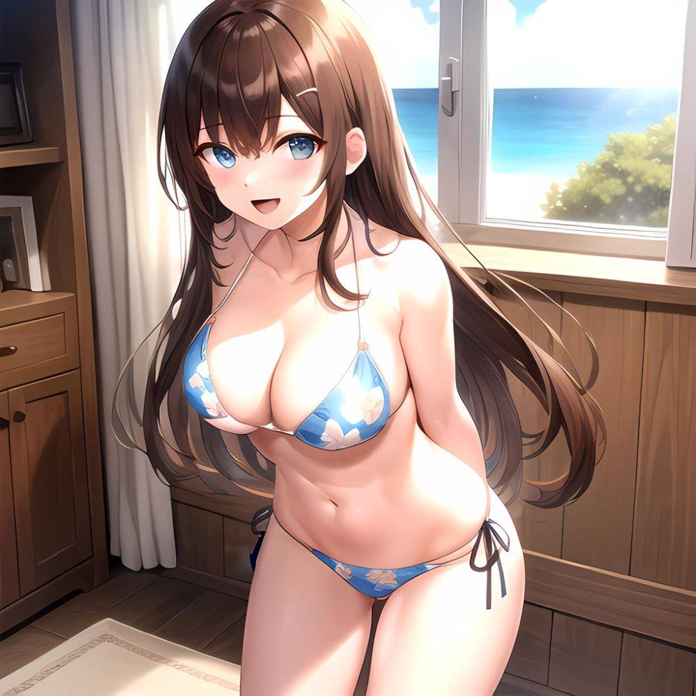 1girl D Abs Alternate Costume Arms Behind Back Asymmetrical Hair Bikini Blue Eyes Blush Breasts Brown Hair Cleavage Collarbone F, 1128311070 - AIHentai - #main