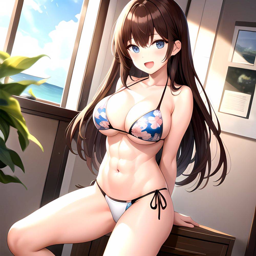 1girl D Abs Alternate Costume Arms Behind Back Asymmetrical Hair Bikini Blue Eyes Blush Breasts Brown Hair Cleavage Collarbone F, 3803749172 - AIHentai - #main