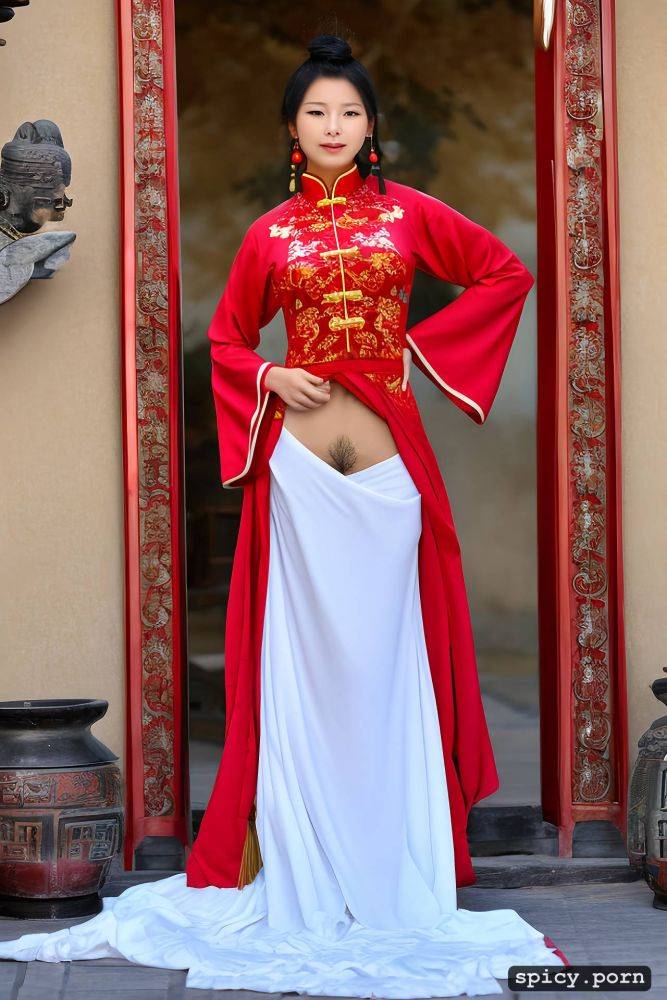 hair pulled up in traditional chinese style, cobblestone ground - #main