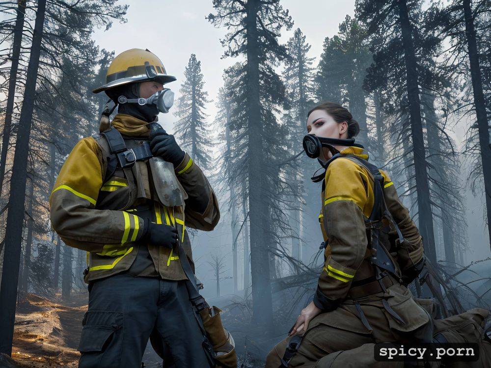 side view left, tired sweaty face, portrait, black hairs, lifting up scba self contained breathing apparatus mask - #main