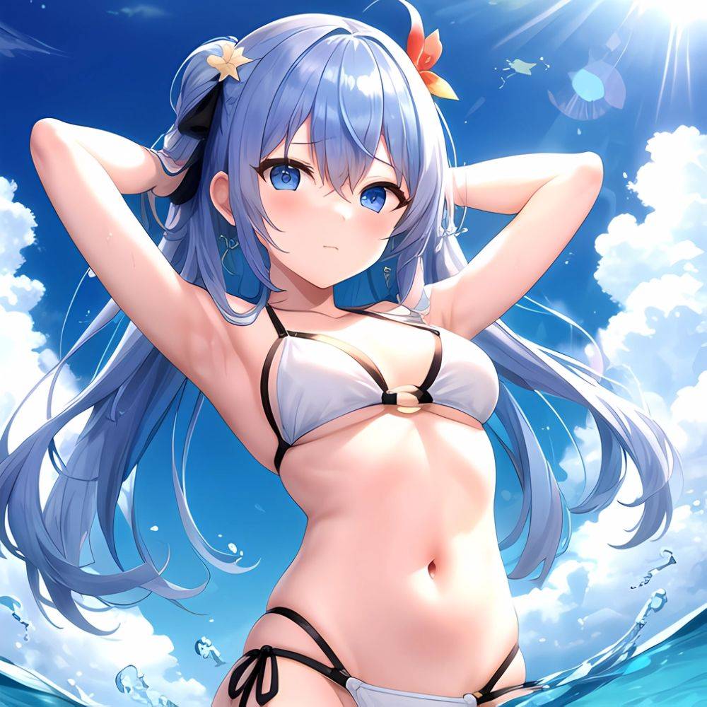 1girl Absurdres Arms Behind Head Bikini Blue Eyes Blue Hair Breasts Closed Mouth Hair Between Eyes Highres Hololive Hoshimachi S, 3209431102 - AIHentai - #main