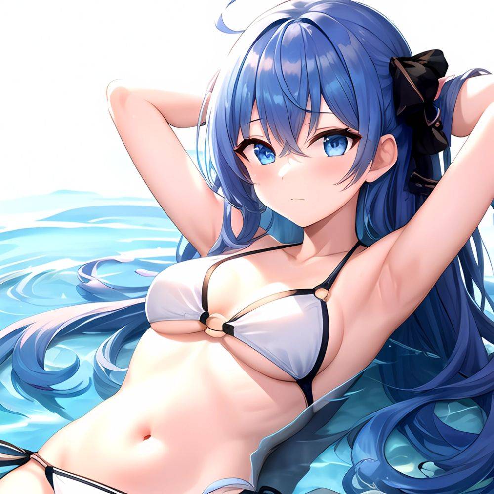 1girl Absurdres Arms Behind Head Bikini Blue Eyes Blue Hair Breasts Closed Mouth Hair Between Eyes Highres Hololive Hoshimachi S, 2256341939 - AIHentai - #main