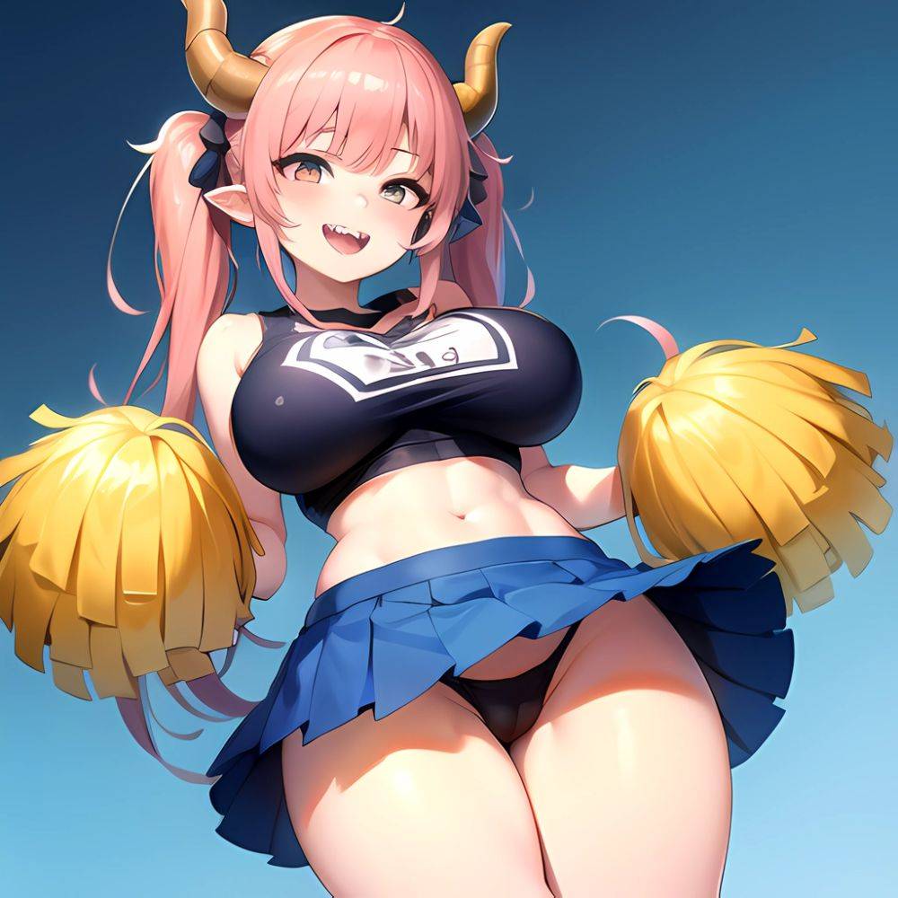 1girl Absurdres Blue Skirt Bluefrok Breasts Cheerleader Dragon Girl Dragon Horns Highres Holding Holding Pom Poms Horns Huge Bre, 1291951229 - AIHentai - #main