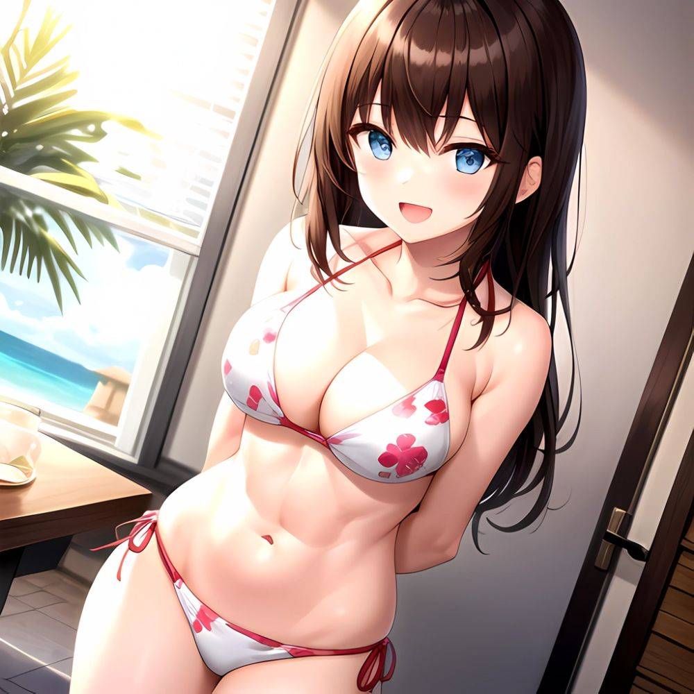 1girl D Abs Alternate Costume Arms Behind Back Asymmetrical Hair Bikini Blue Eyes Blush Breasts Brown Hair Cleavage Collarbone F, 1339480214 - AIHentai - #main