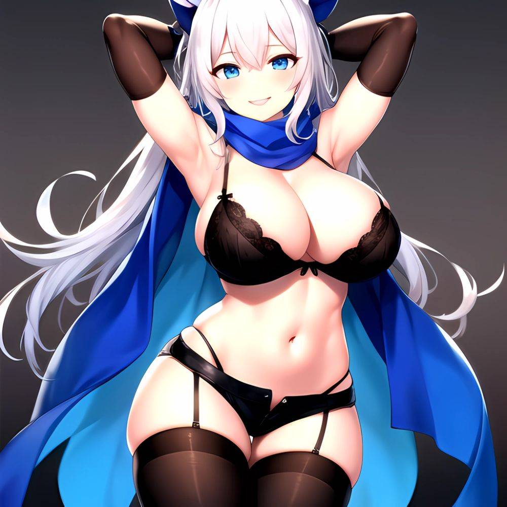 1girl Armpits Arms Behind Head Belt Black Bra Black Gloves Black Pantyhose Blue Eyes Blurry Blurry Background Bra Breasts Curvy, 2151962792 - AIHentai - #main