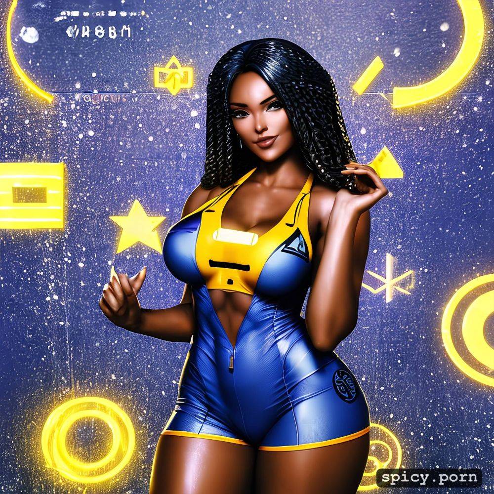 a ebony slim woman wearing a sleeveless mobile suit, suit logo water - #main