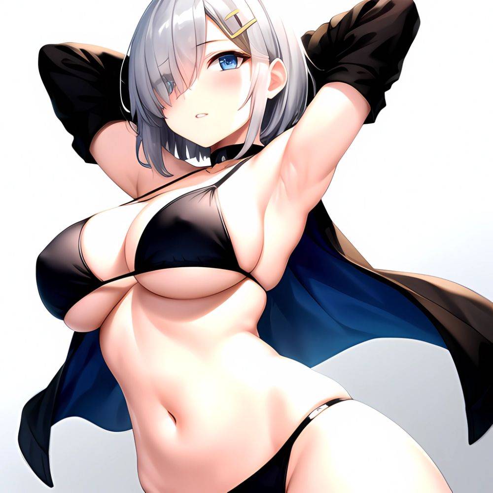 1girl Absurdres Armpits Arms Behind Head Bikini Black Bikini Black Choker Blue Eyes Blush Breasts Choker Cleavage Commentary Req, 1581652517 - AIHentai - #main