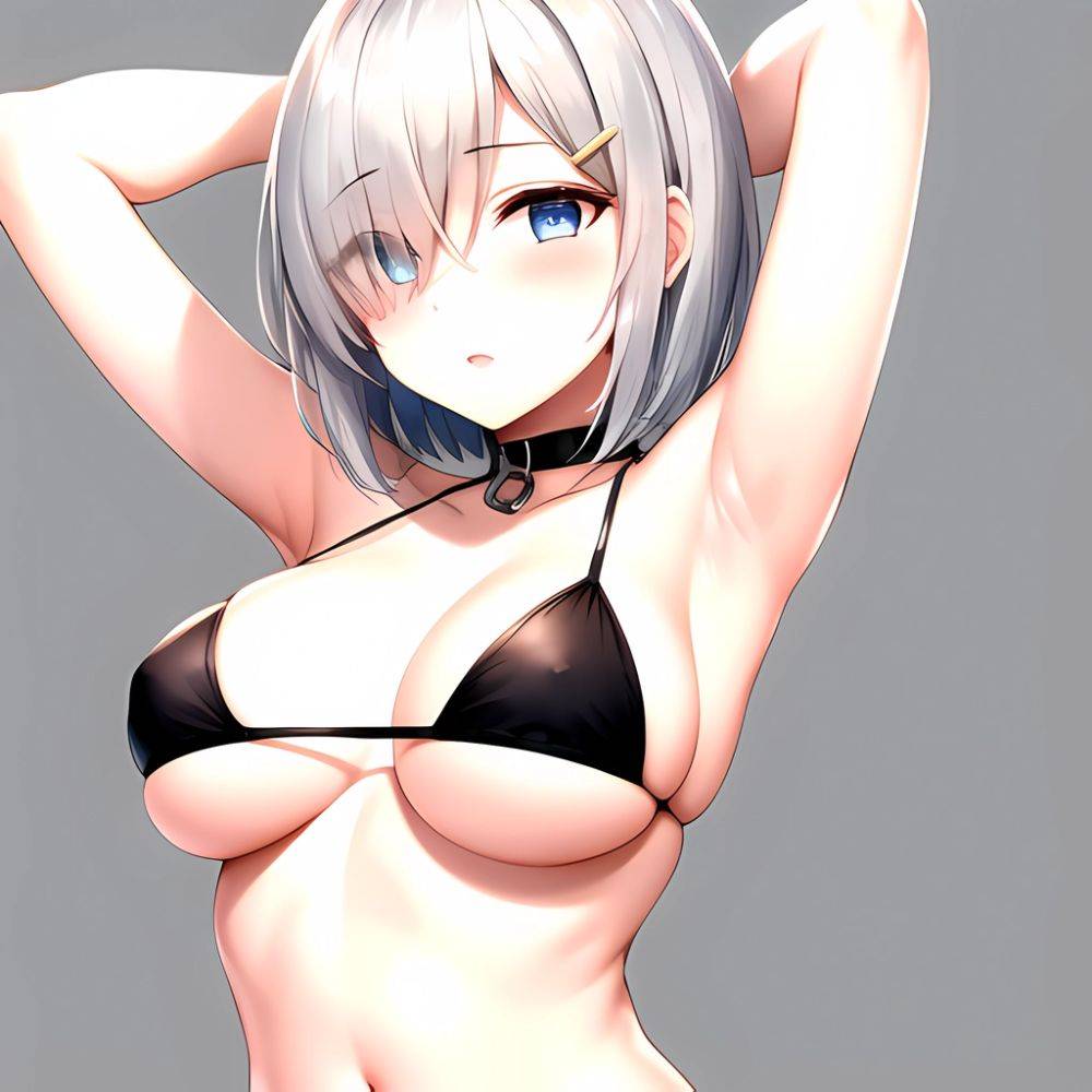 1girl Absurdres Armpits Arms Behind Head Bikini Black Bikini Black Choker Blue Eyes Blush Breasts Choker Cleavage Commentary Req, 1429583058 - AIHentai - #main