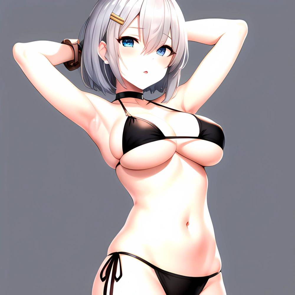 1girl Absurdres Armpits Arms Behind Head Bikini Black Bikini Black Choker Blue Eyes Blush Breasts Choker Cleavage Commentary Req, 313520188 - AIHentai - #main