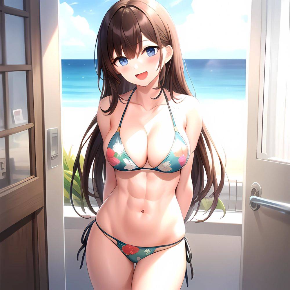 1girl D Abs Alternate Costume Arms Behind Back Asymmetrical Hair Bikini Blue Eyes Blush Breasts Brown Hair Cleavage Collarbone F, 1291453733 - AIHentai - #main