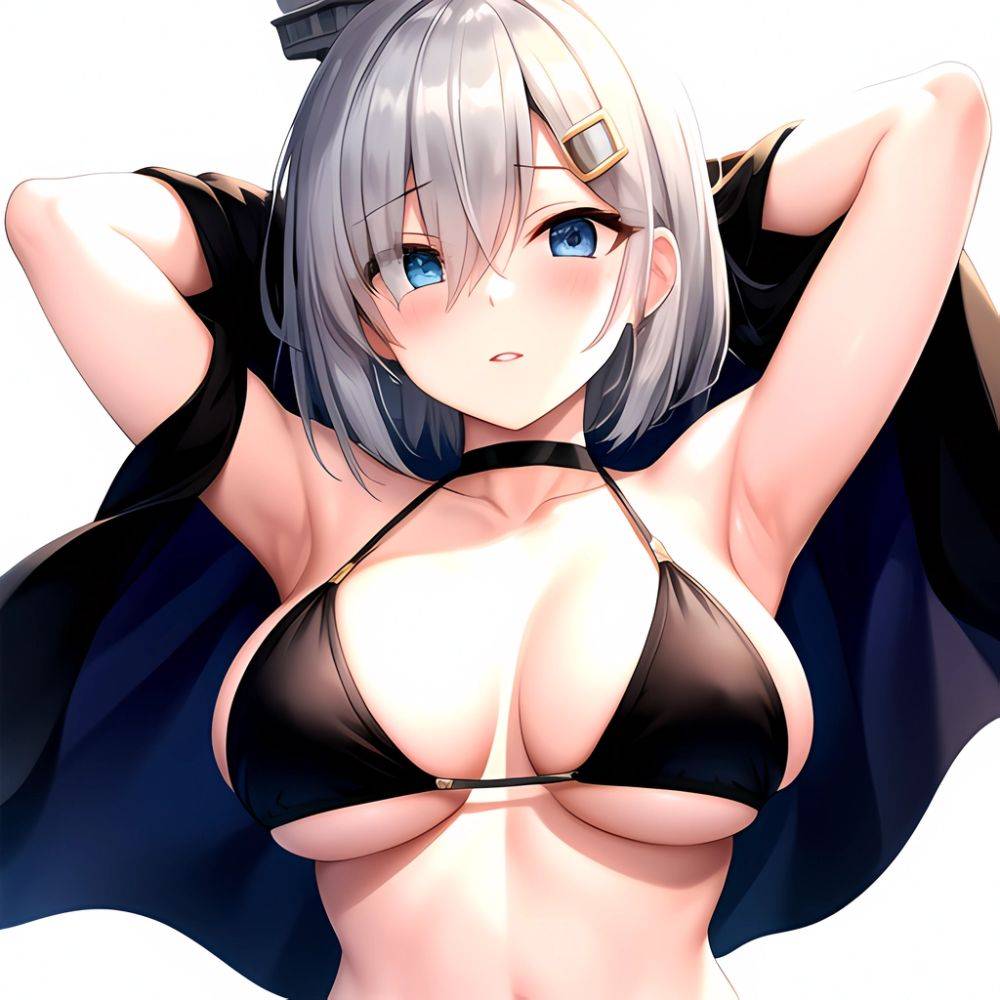 1girl Absurdres Armpits Arms Behind Head Bikini Black Bikini Black Choker Blue Eyes Blush Breasts Choker Cleavage Commentary Req, 3832323095 - AIHentai - #main