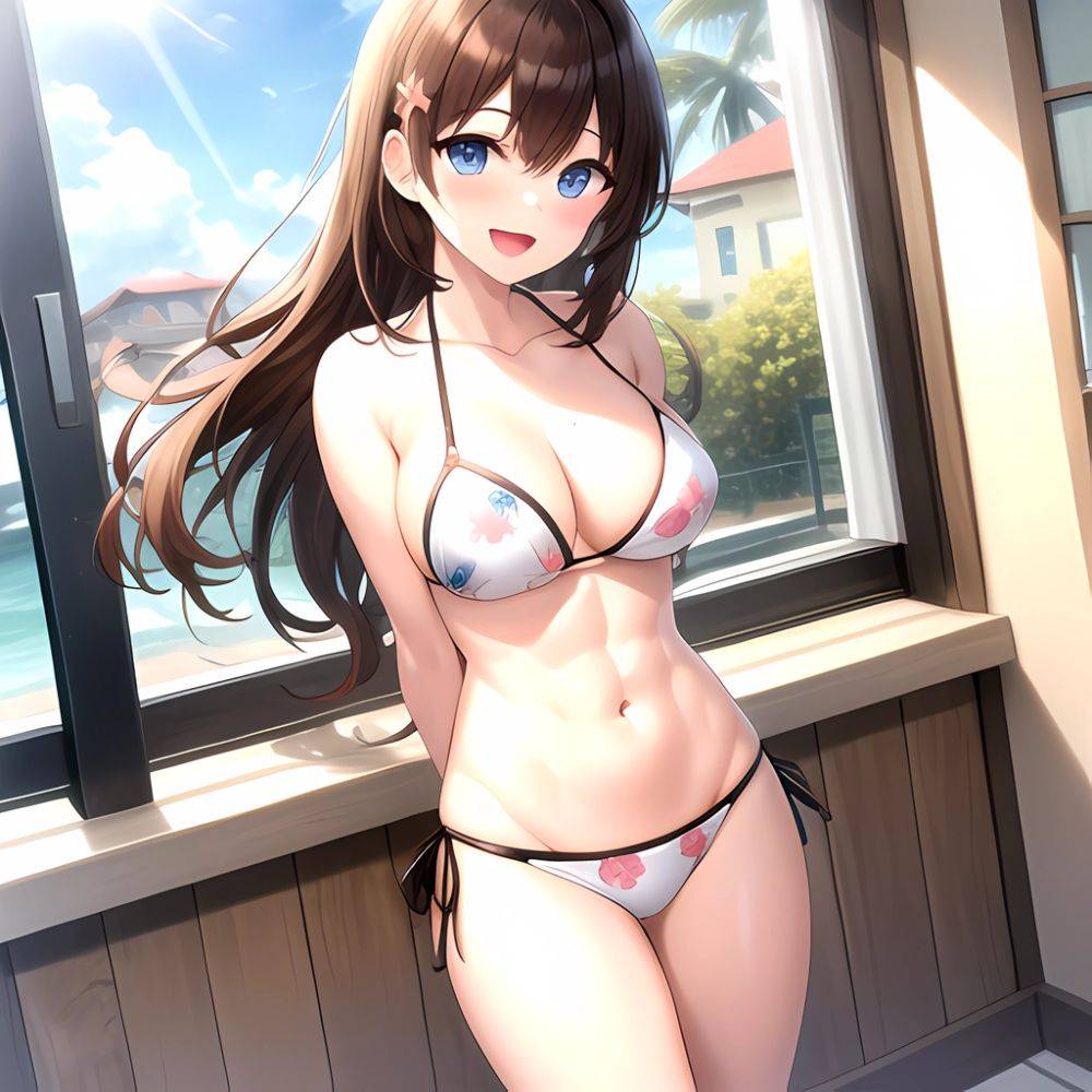 1girl D Abs Alternate Costume Arms Behind Back Asymmetrical Hair Bikini Blue Eyes Blush Breasts Brown Hair Cleavage Collarbone F, 758479409 - AIHentai - #main