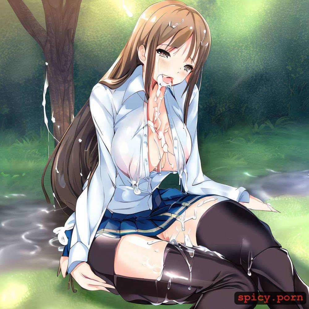 sitting, cute, wearing cowboy boots, long dark blue skirt, cum dripping everywhere - #main