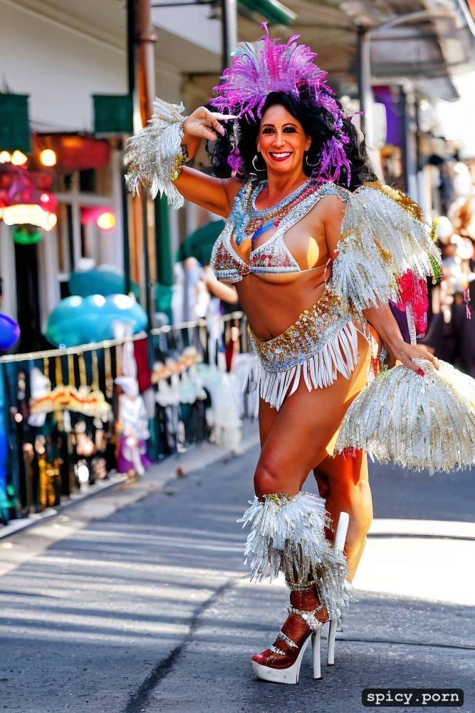 color portrait, long hair, 69 yo beautiful performing white mardi gras dancer on bourbon street - #main
