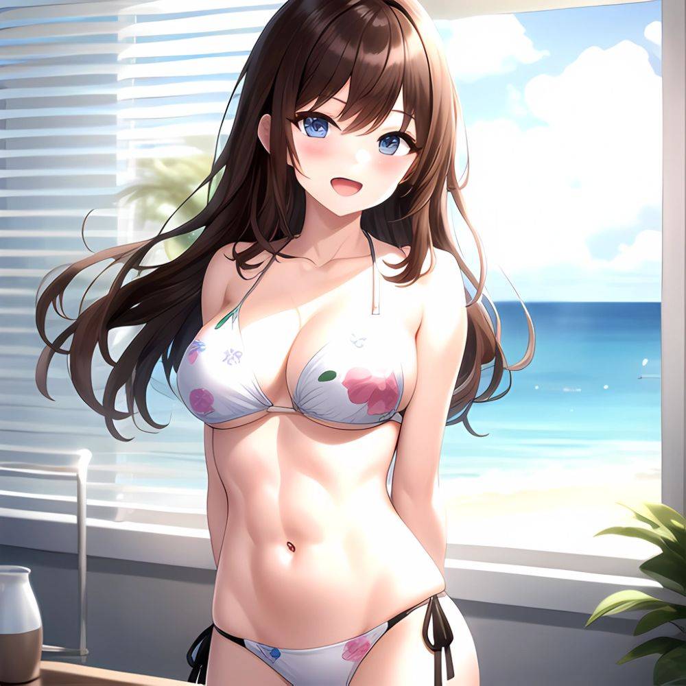 1girl D Abs Alternate Costume Arms Behind Back Asymmetrical Hair Bikini Blue Eyes Blush Breasts Brown Hair Cleavage Collarbone F, 1657065438 - AIHentai - #main