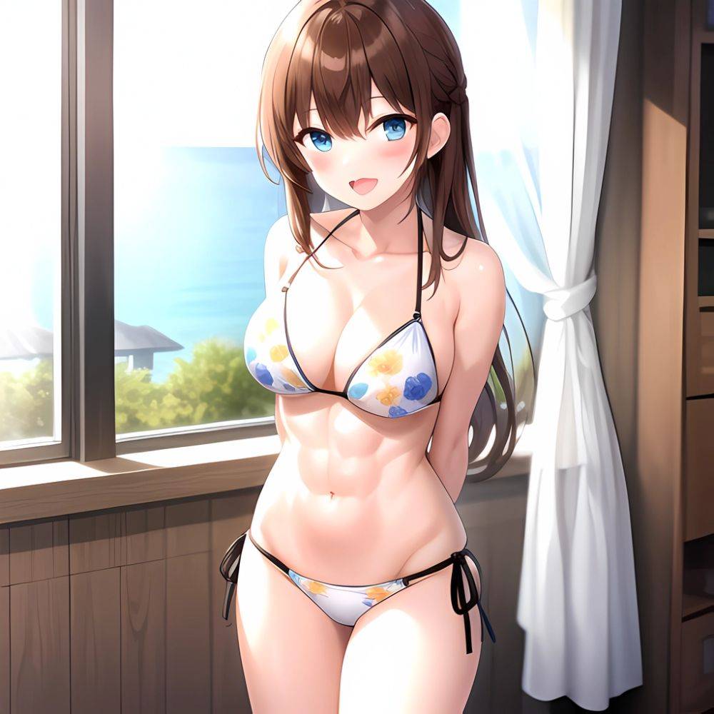 1girl D Abs Alternate Costume Arms Behind Back Asymmetrical Hair Bikini Blue Eyes Blush Breasts Brown Hair Cleavage Collarbone F, 3185846396 - AIHentai - #main