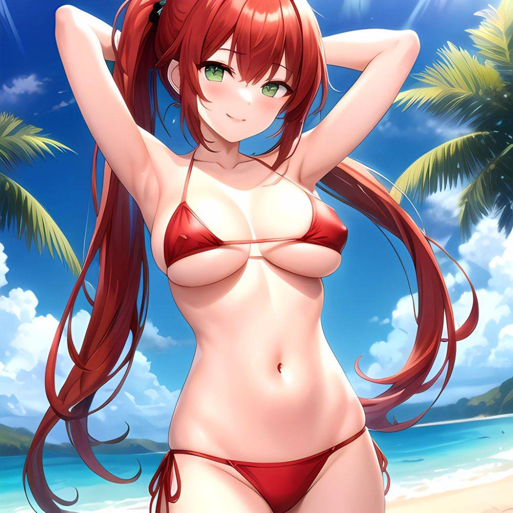 1girl Armpits Arms Behind Head Bikini Breasts Closed Mouth Collarbone Covered Nipples Day Green Eyes Highres Jung Freud Large Br, 4248739562 - AIHentai - #main