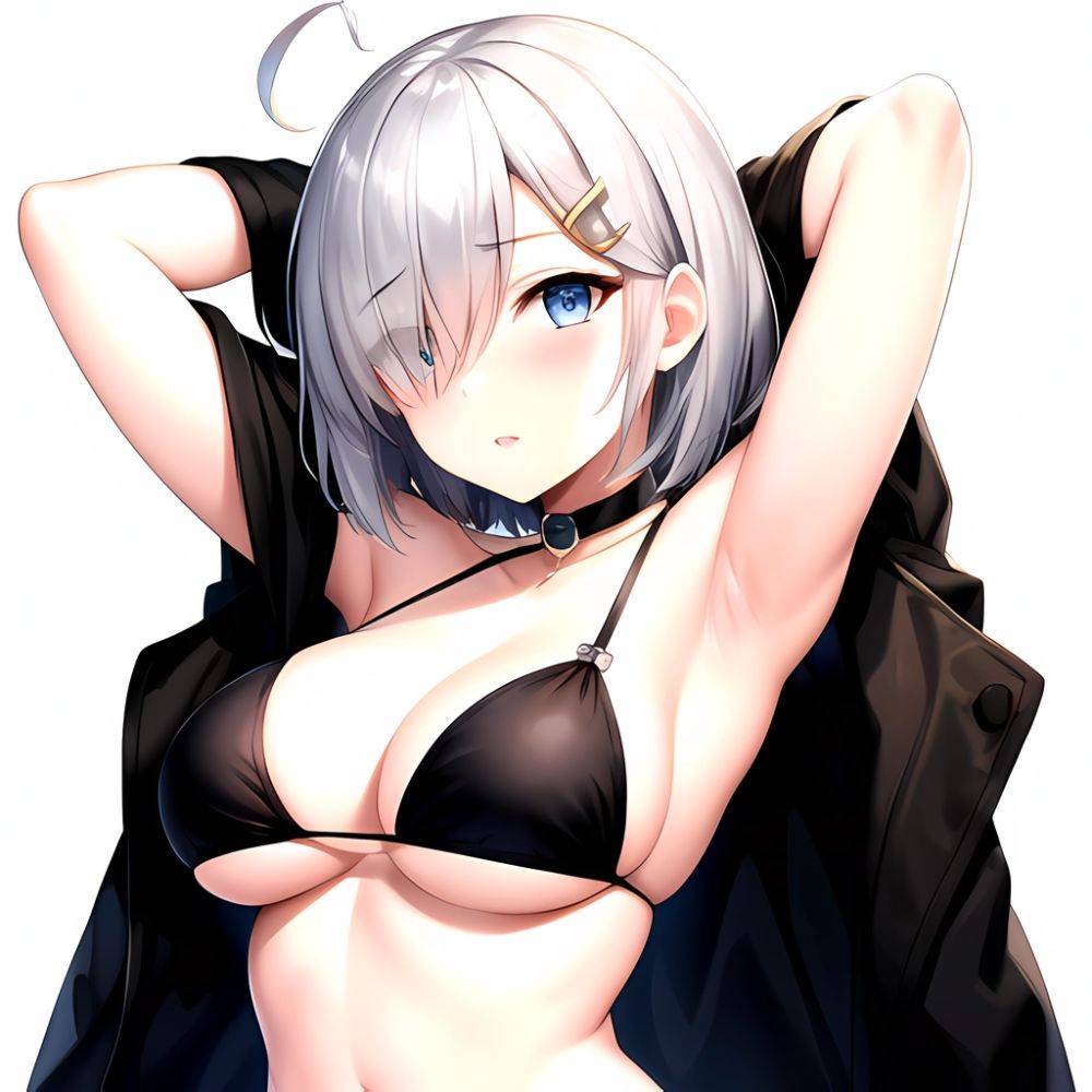 1girl Absurdres Armpits Arms Behind Head Bikini Black Bikini Black Choker Blue Eyes Blush Breasts Choker Cleavage Commentary Req, 2560385801 - AIHentai - #main