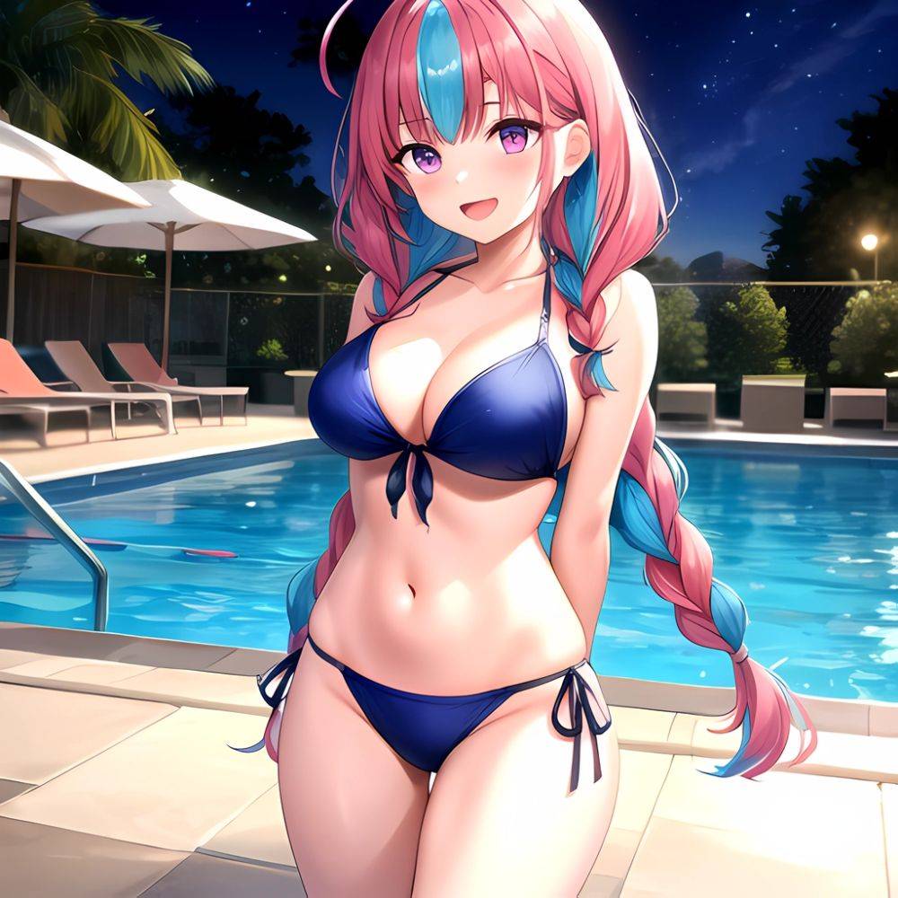 1girl Ahoge Bare Shoulders Bikini Blue Bikini Blue Hair Blush Braid Breasts Cleavage Colored Inner Hair Front Tie Bikini Top, 20283153 - AIHentai - #main
