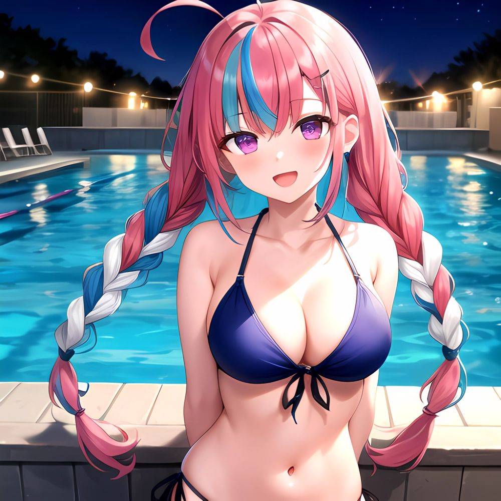 1girl Ahoge Bare Shoulders Bikini Blue Bikini Blue Hair Blush Braid Breasts Cleavage Colored Inner Hair Front Tie Bikini Top, 58382451 - AIHentai - #main