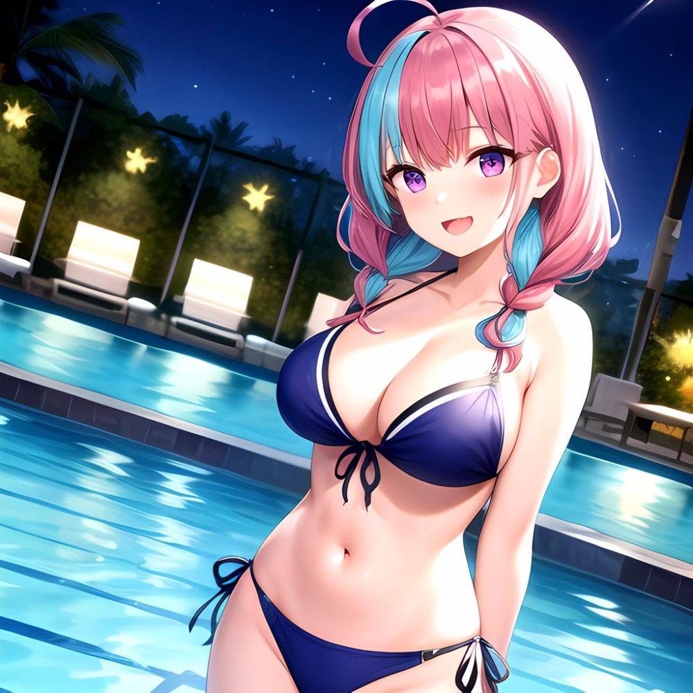 1girl Ahoge Bare Shoulders Bikini Blue Bikini Blue Hair Blush Braid Breasts Cleavage Colored Inner Hair Front Tie Bikini Top, 195161697 - AIHentai - #main