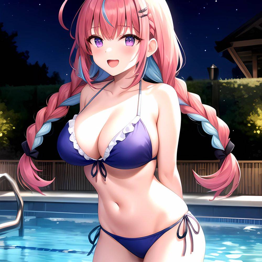 1girl Ahoge Bare Shoulders Bikini Blue Bikini Blue Hair Blush Braid Breasts Cleavage Colored Inner Hair Front Tie Bikini Top, 670698375 - AIHentai - #main