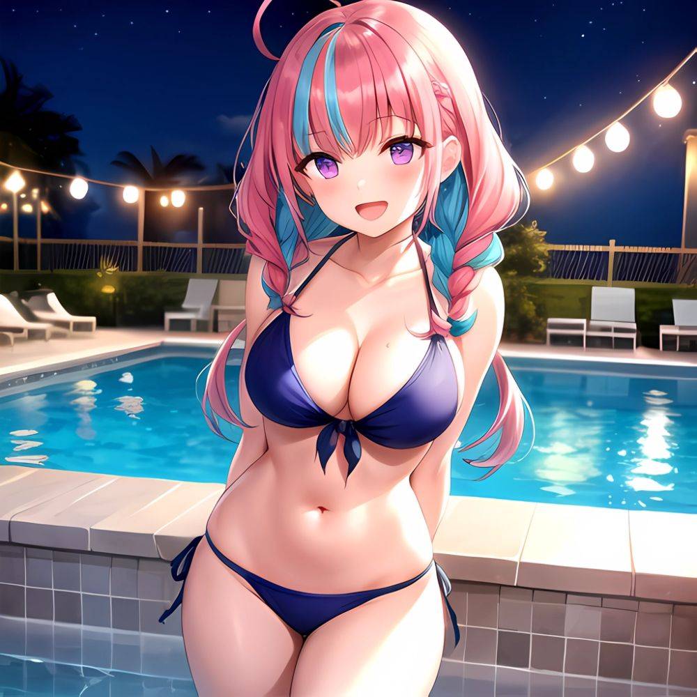 1girl Ahoge Bare Shoulders Bikini Blue Bikini Blue Hair Blush Braid Breasts Cleavage Colored Inner Hair Front Tie Bikini Top, 957998716 - AIHentai - #main