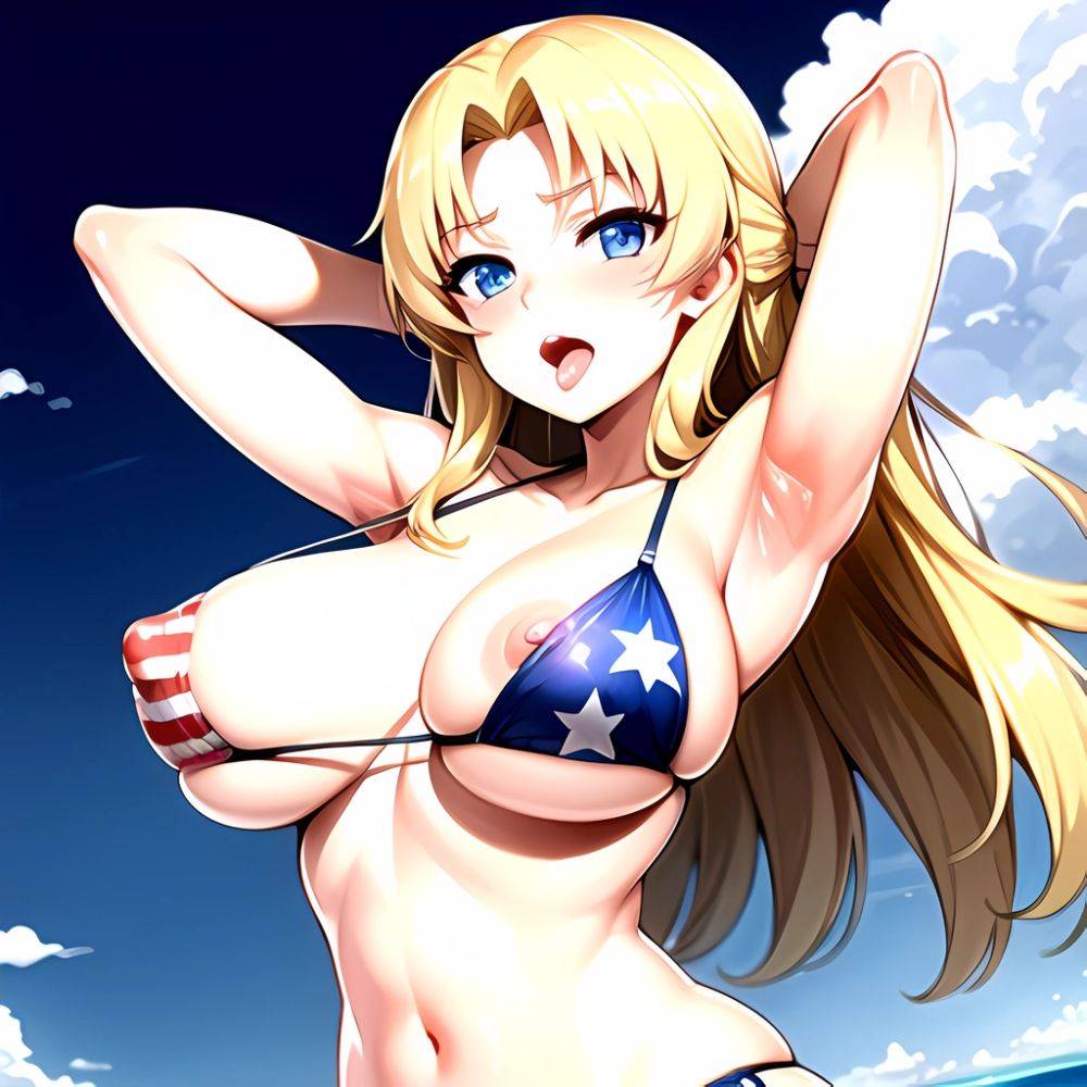 1girl American Flag Bikini Armpits Arms Behind Head Bikini Blonde Hair Blue Eyes Blush Breasts Covered Erect Nipples Flag Print, 326328591 - AIHentai - #main