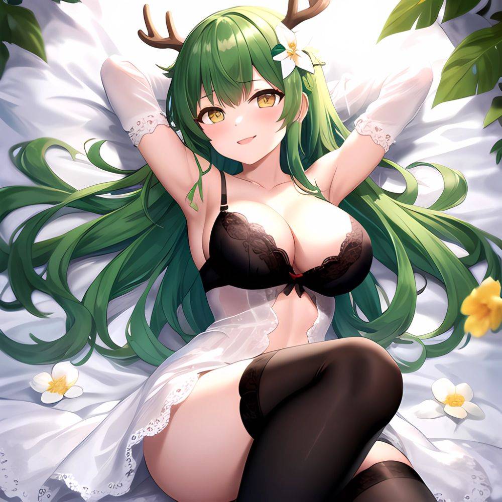 1girl Alternate Costume Antlers Armpits Arms Behind Head Bed Sheet Black Bra Black Thighhighs Bra Branch Breasts Ceres Fauna Cle, 2777060188 - AIHentai - #main