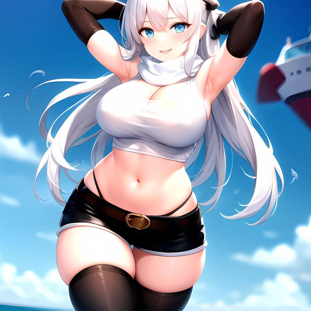 1girl Armpits Arms Behind Head Belt Black Bra Black Gloves Black Pantyhose Blue Eyes Blurry Blurry Background Bra Breasts Curvy, 1770713555 - AIHentai - #main